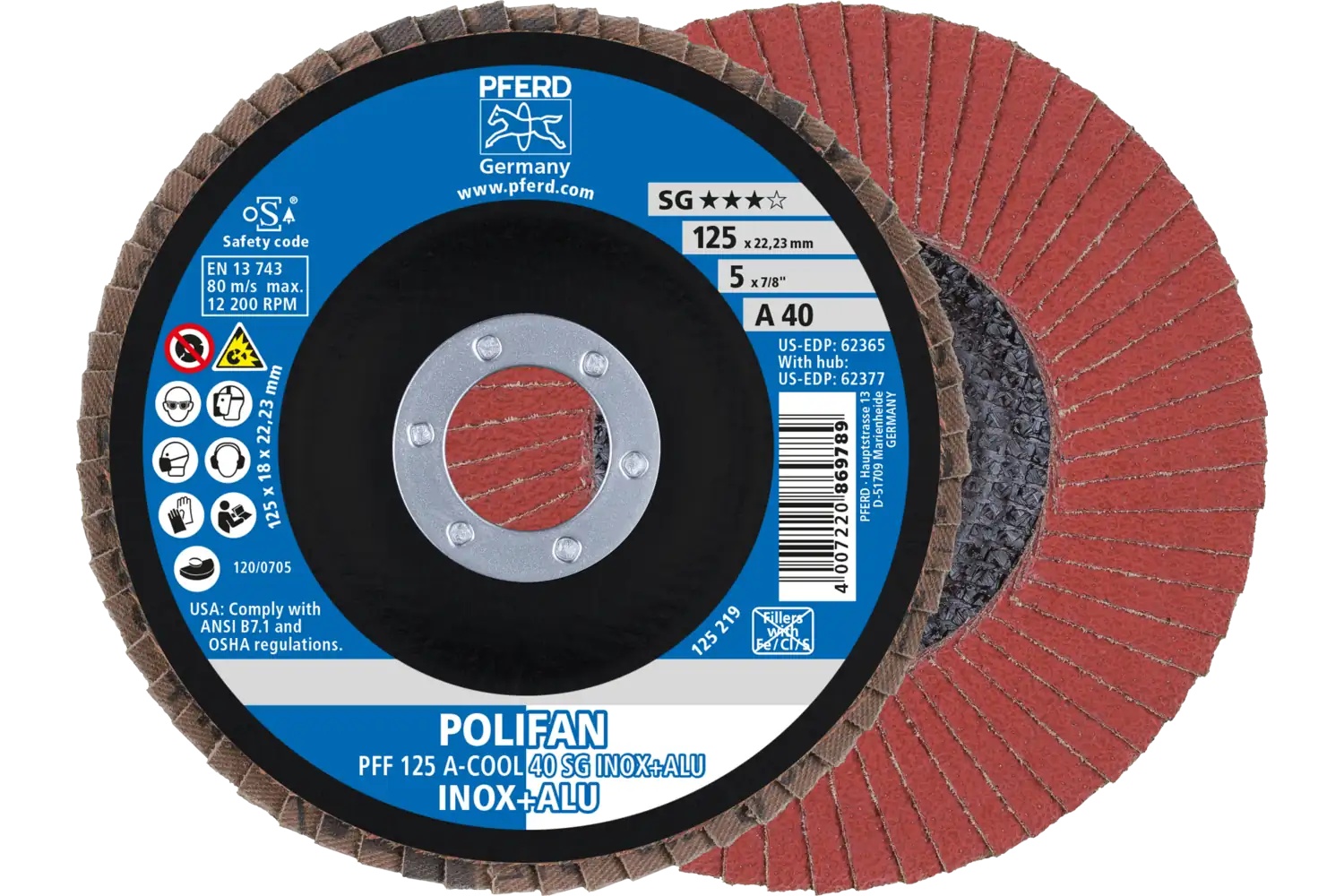 Picture of Pferd Flap Disc, 5" x 7/8, A-Cool SG Inox+ALU, 40 Grit, T27, Flat, Aluminum oxide